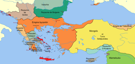 Carte de l'Asie mineure et des Balkans en 1265 ; l'empire de Trébizonde est situé à l'extrême-est.
